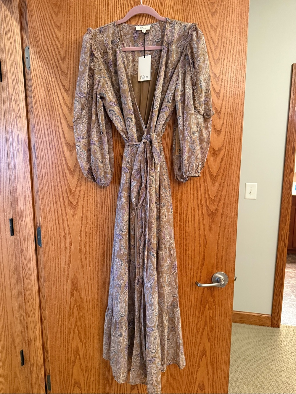 Elan Taupe Paisley Maxi Dress with Balloon Sleeves